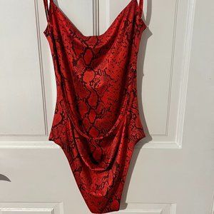 Red Snake Skin Print, Open Back, Body Suit